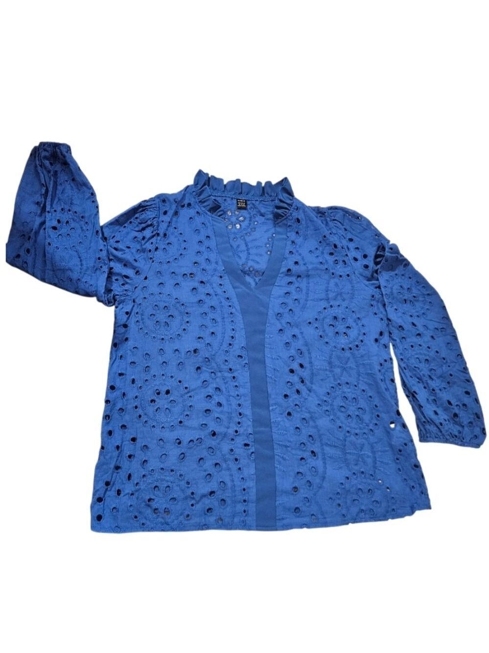 Shein XL Blue Floral Eyelet Embroidery Ruffle Neck Deep V Boho Top Vacation EUC - Picture 11 of 17